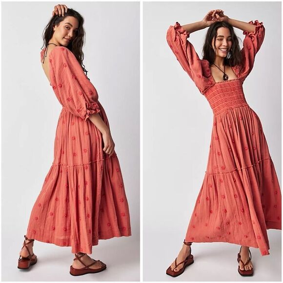 Free People Dahlia Embroidered Maxi Dress XS Rust Coral Smocked Boho Cotton - Picture 1 of 14